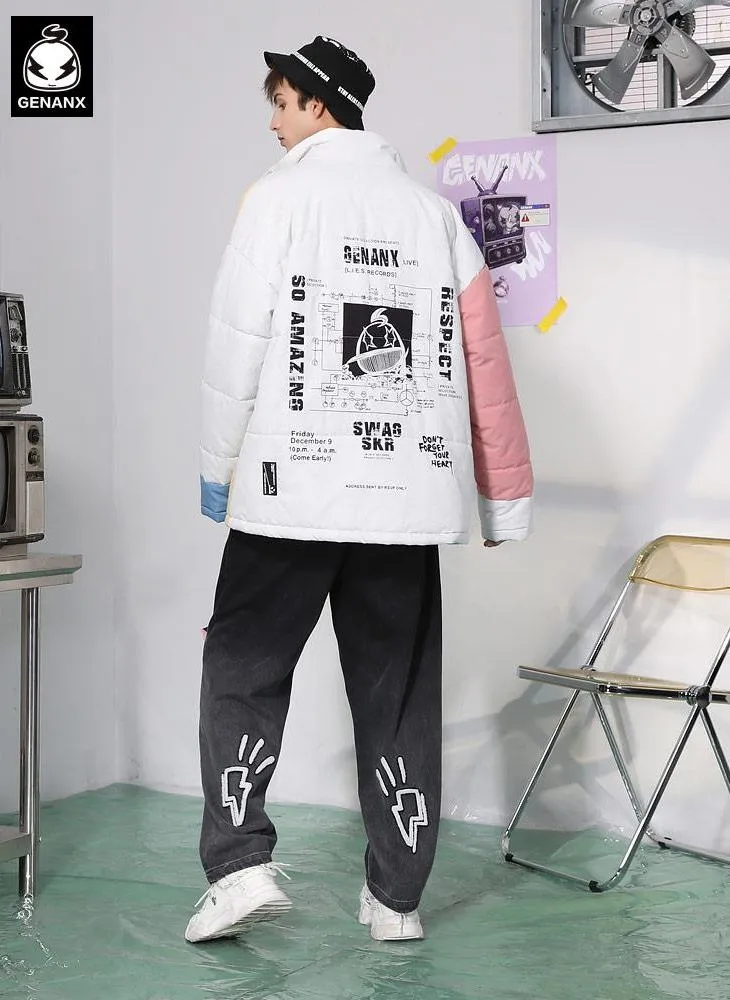 Color Block Graffiti Print Patchwork Stand Collar Padded Coat