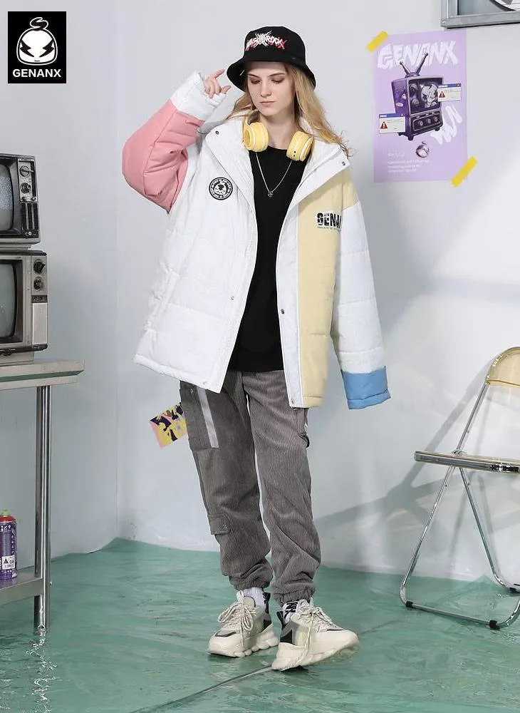 Color Block Graffiti Print Patchwork Stand Collar Padded Coat