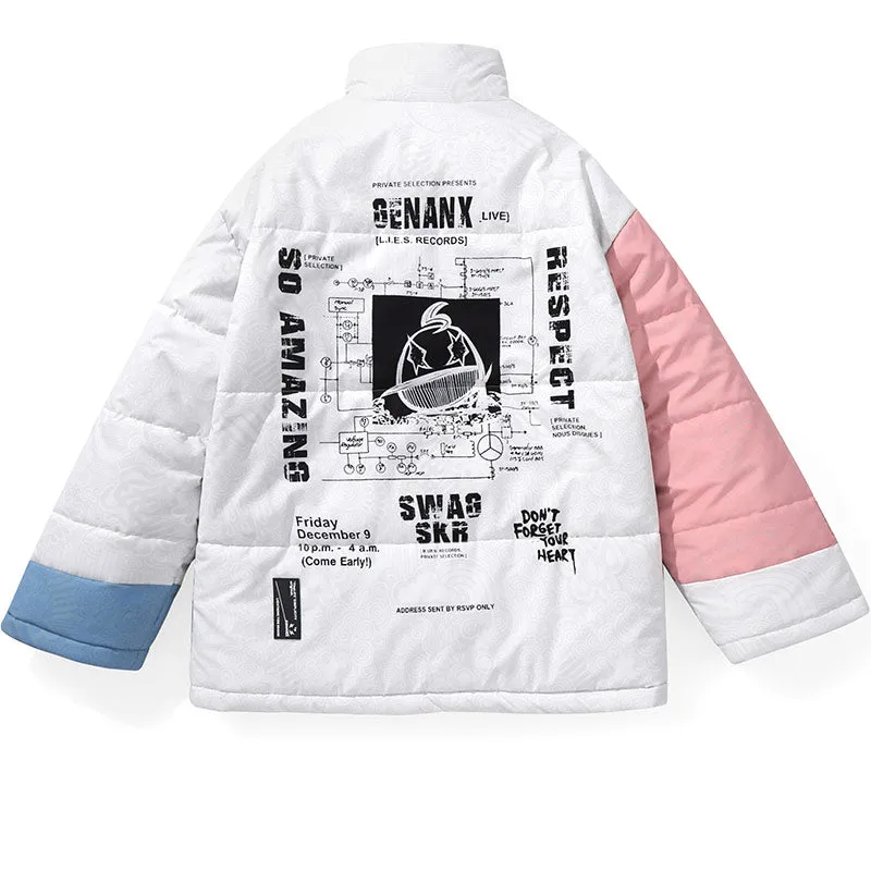 Color Block Graffiti Print Patchwork Stand Collar Padded Coat