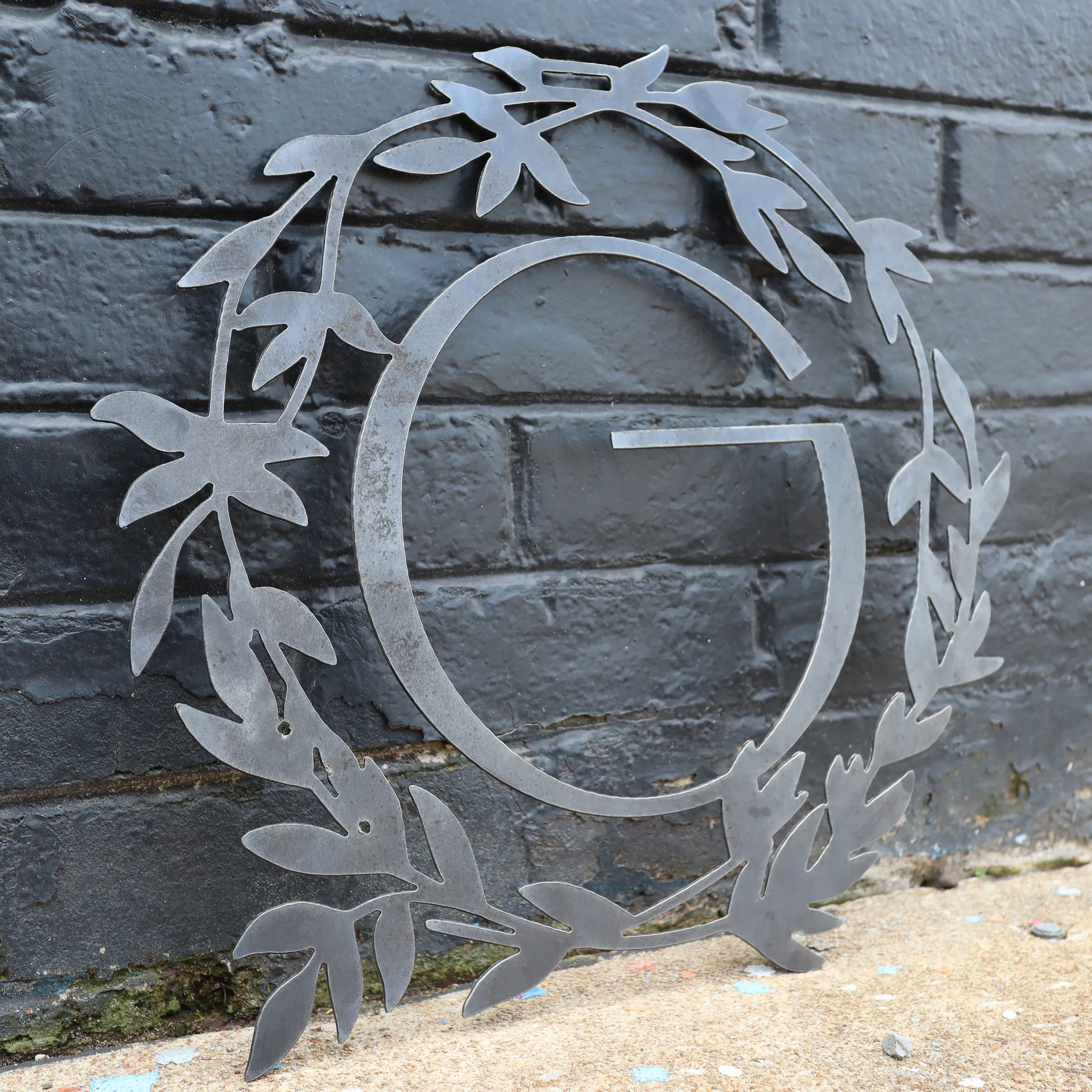 Custom Metal Monogram Retro Wreath - Initial Letter Front Door Hanger Decor, Wedding Signs
