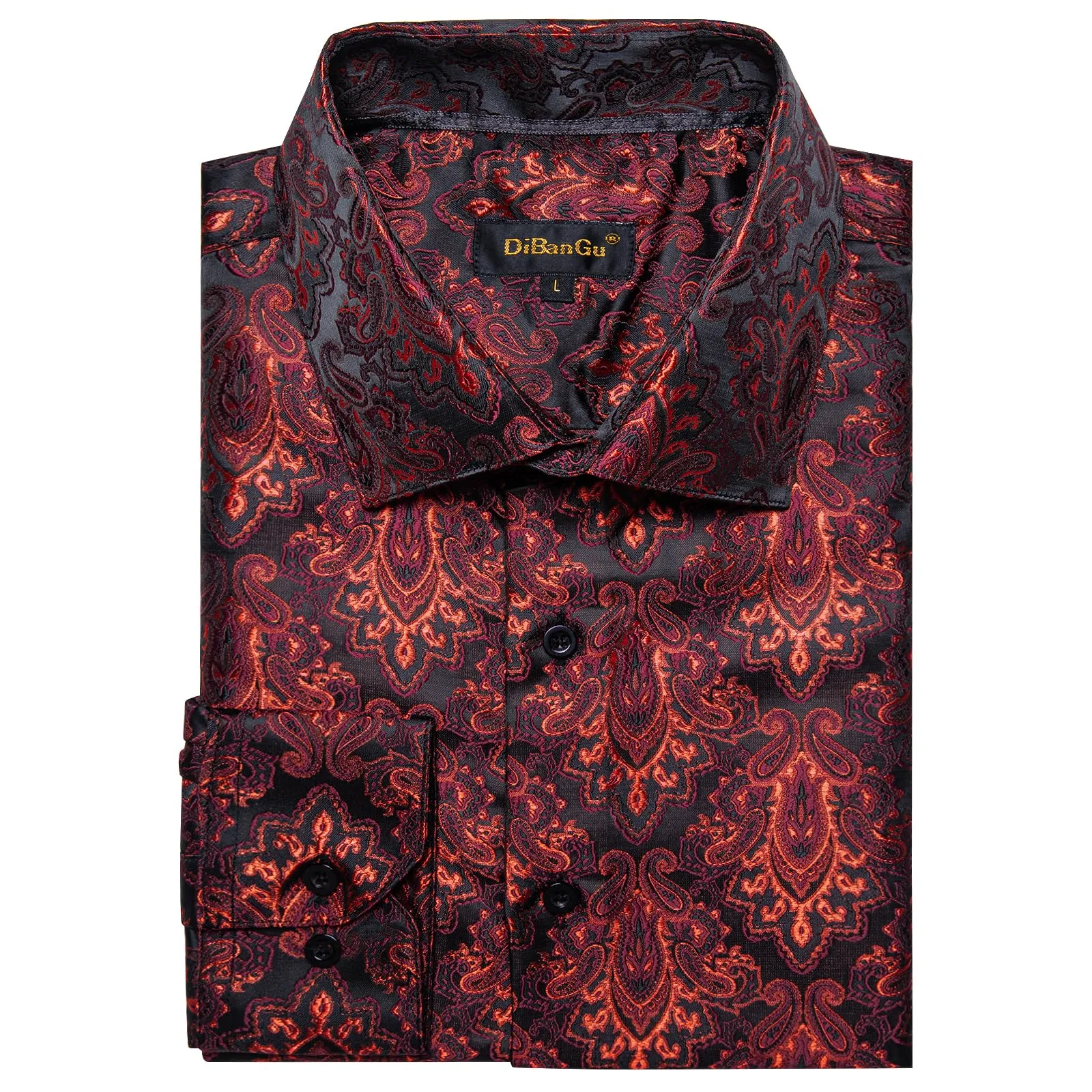 DiBanGu Mens Silk Paisley Dress Shirts,Long Sleeve Button Down Shirt Casual Regular Fit Shirt for Men Wedding Party, Dark Red, Medium