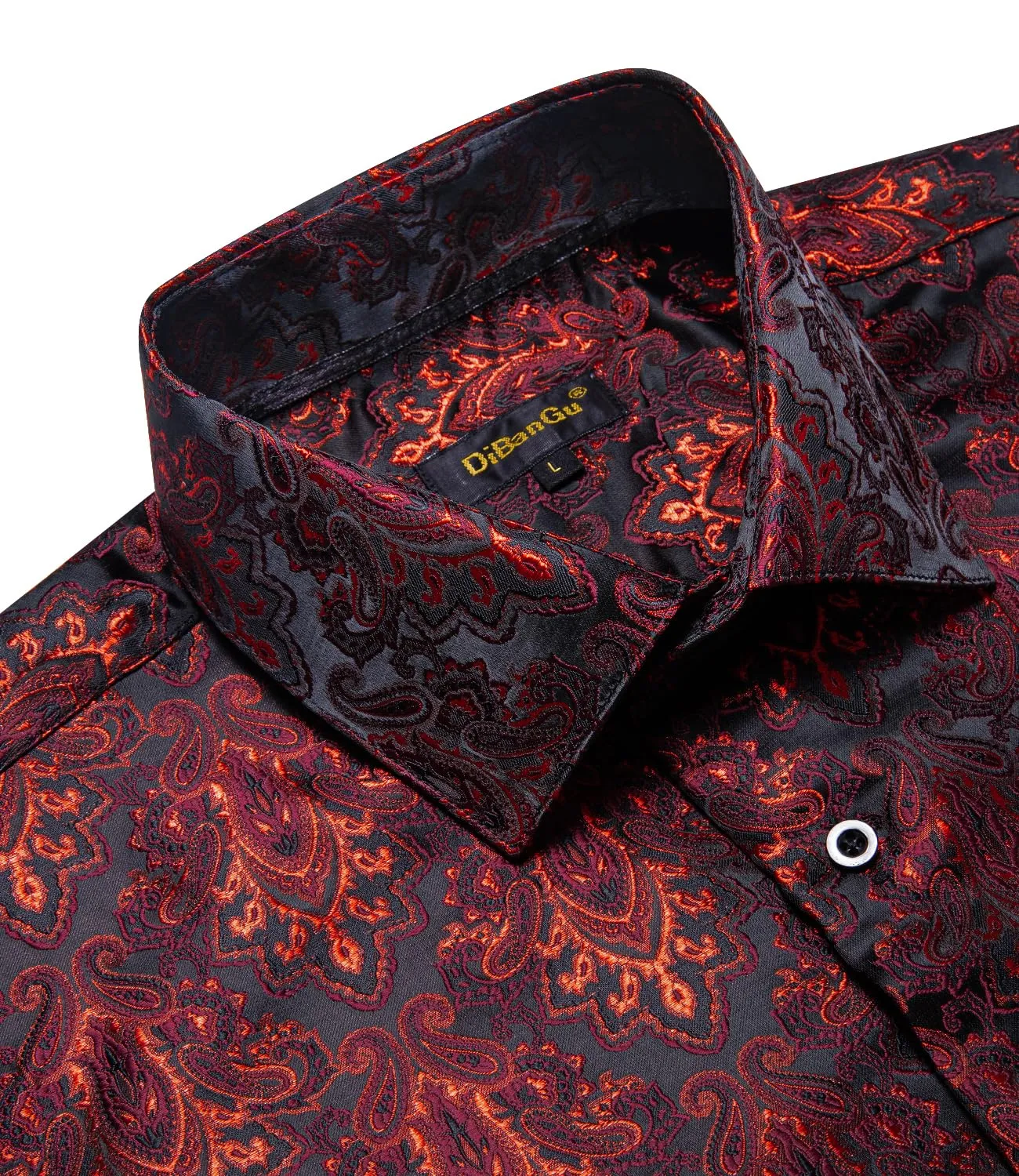 DiBanGu Mens Silk Paisley Dress Shirts,Long Sleeve Button Down Shirt Casual Regular Fit Shirt for Men Wedding Party, Dark Red, Medium