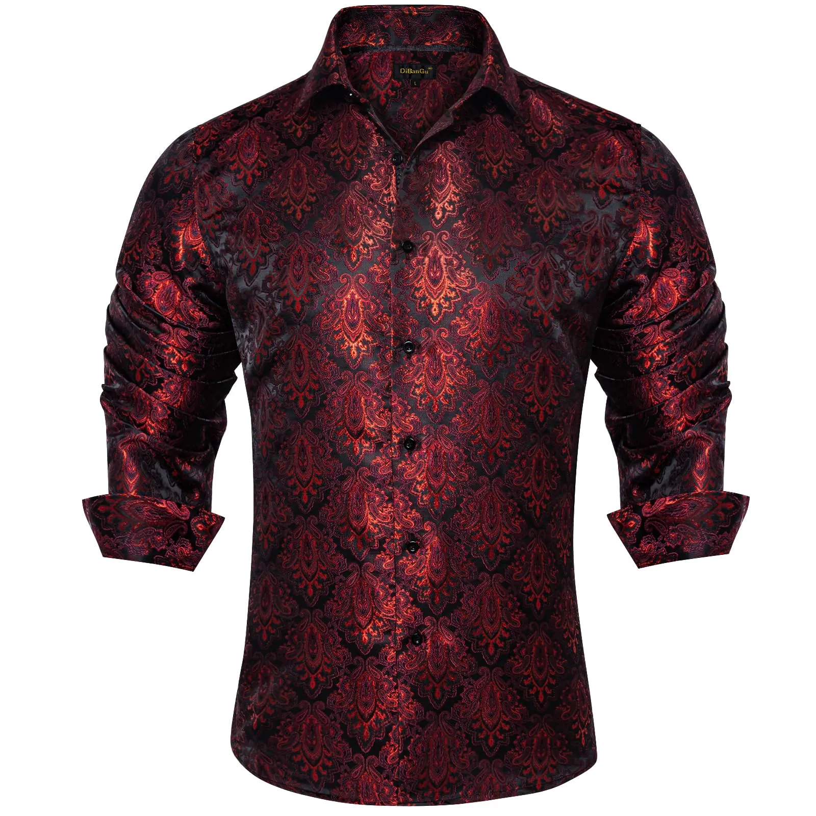 DiBanGu Mens Silk Paisley Dress Shirts,Long Sleeve Button Down Shirt Casual Regular Fit Shirt for Men Wedding Party, Dark Red, Medium
