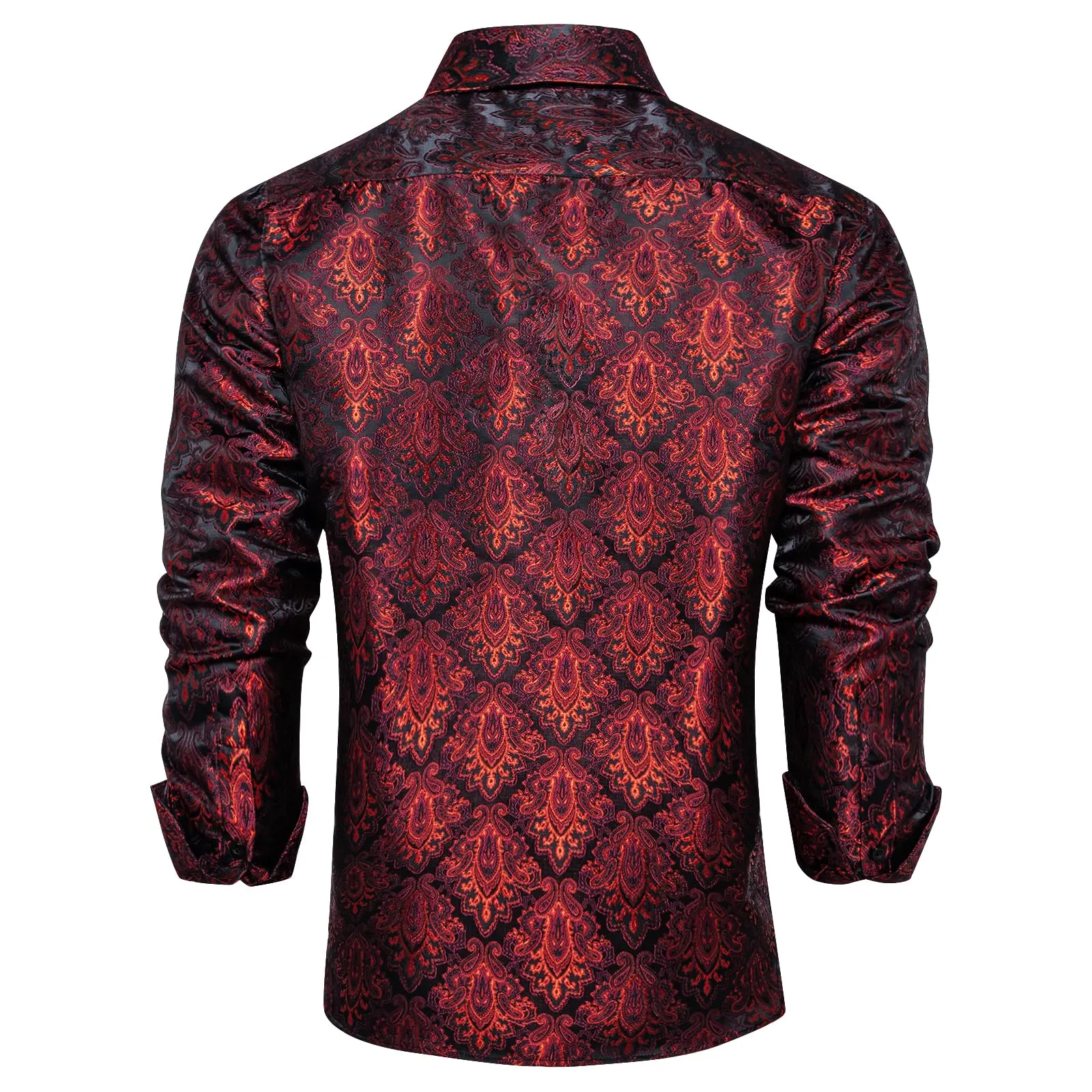 DiBanGu Mens Silk Paisley Dress Shirts,Long Sleeve Button Down Shirt Casual Regular Fit Shirt for Men Wedding Party, Dark Red, Medium