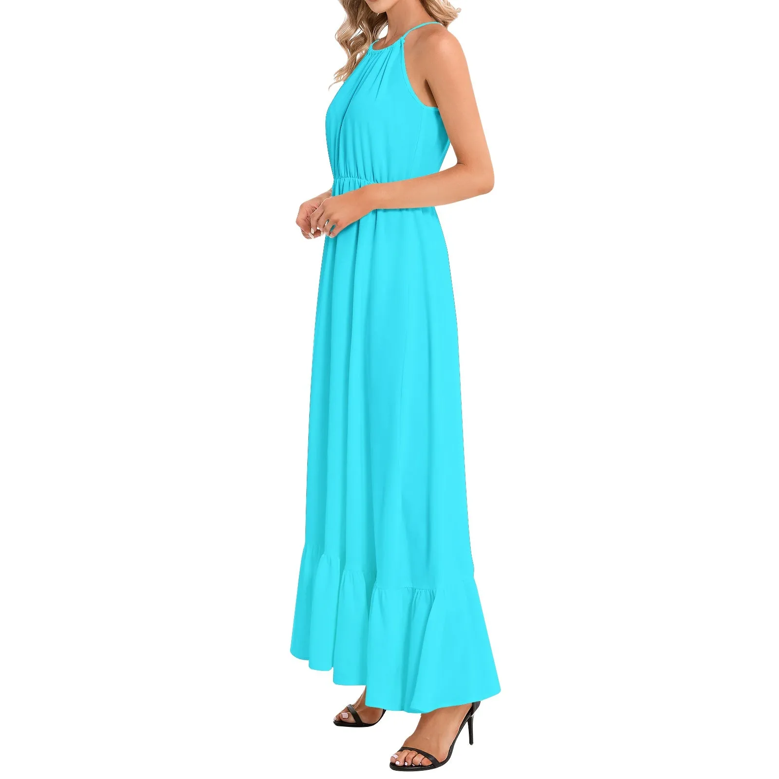Electric Blue Ruffle Hem Halter Neck Maxi Dress