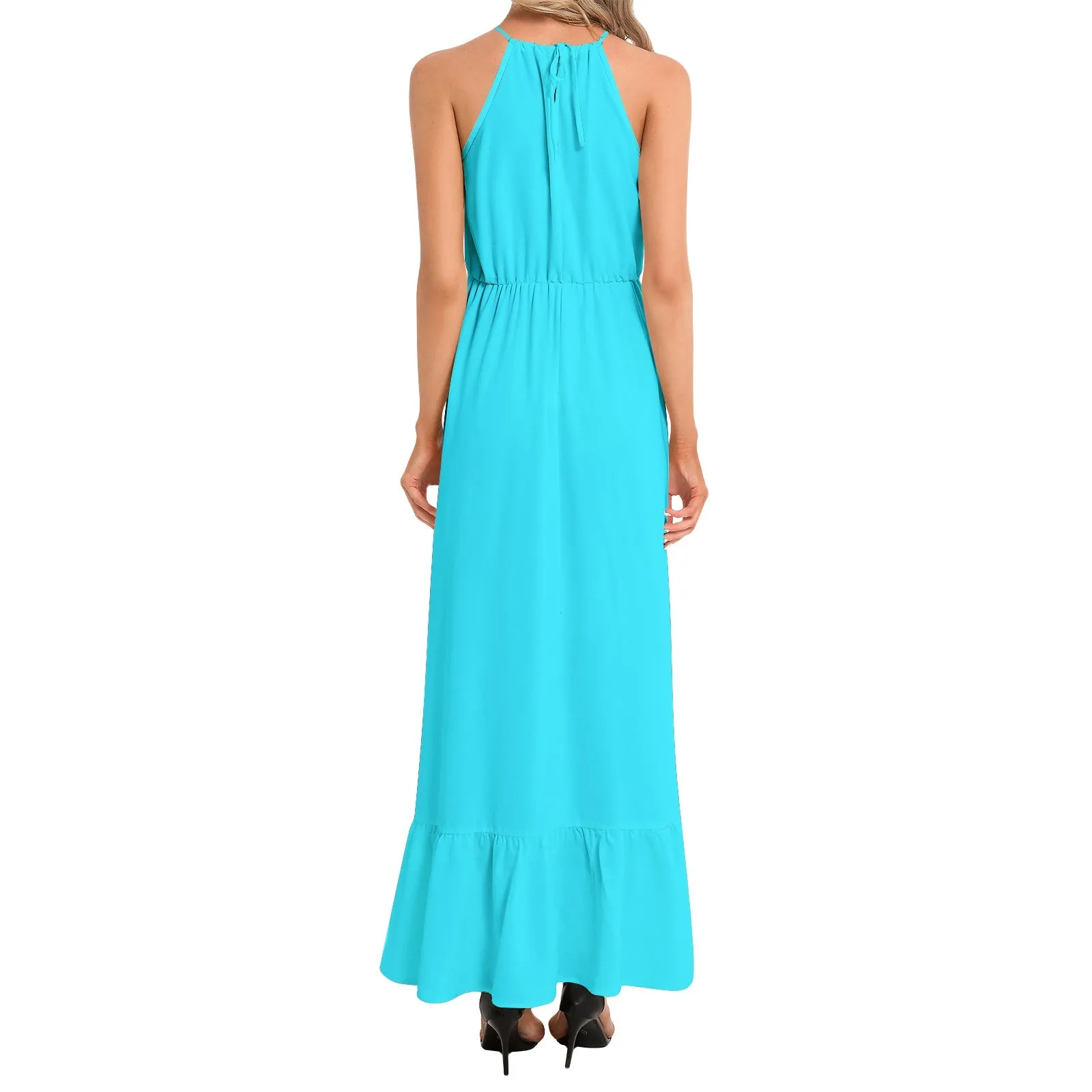Electric Blue Ruffle Hem Halter Neck Maxi Dress