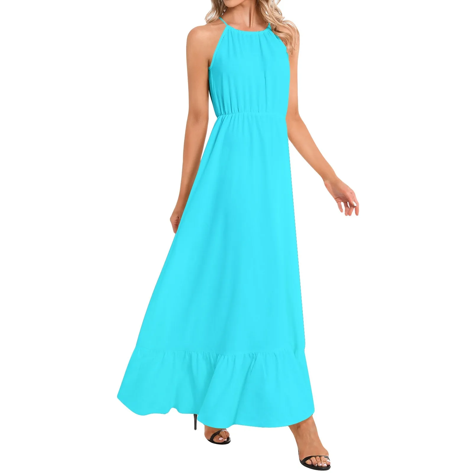 Electric Blue Ruffle Hem Halter Neck Maxi Dress