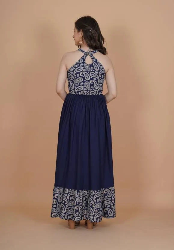 Elegant Blue Embellished Maxi Dress