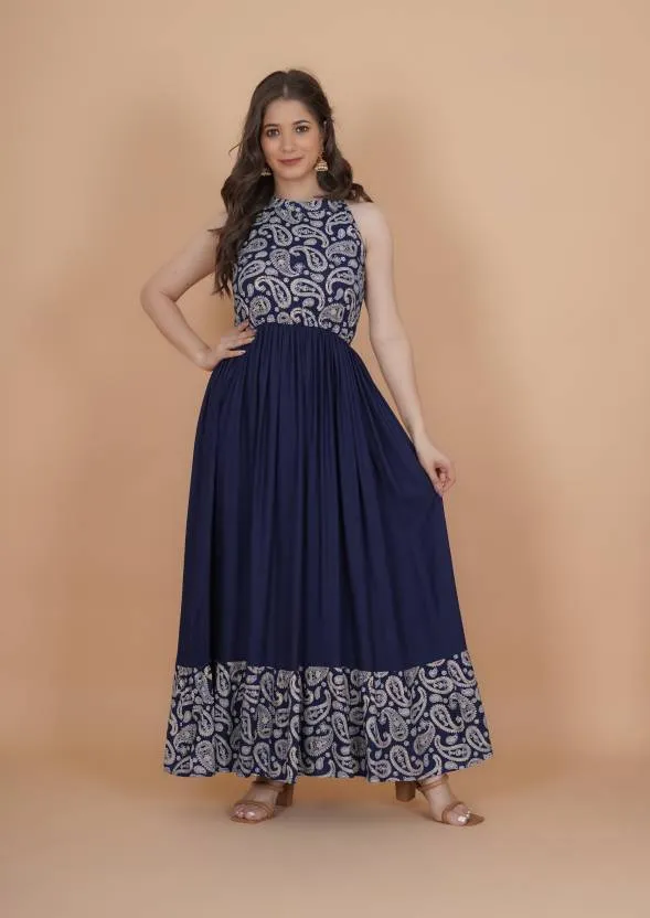 Elegant Blue Embellished Maxi Dress