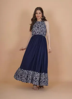 Elegant Blue Embellished Maxi Dress