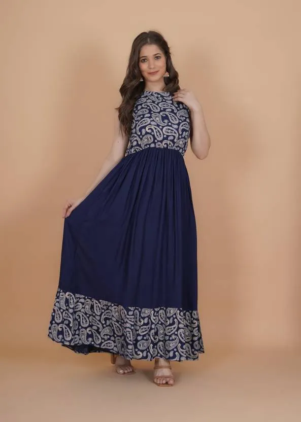 Elegant Blue Embellished Maxi Dress