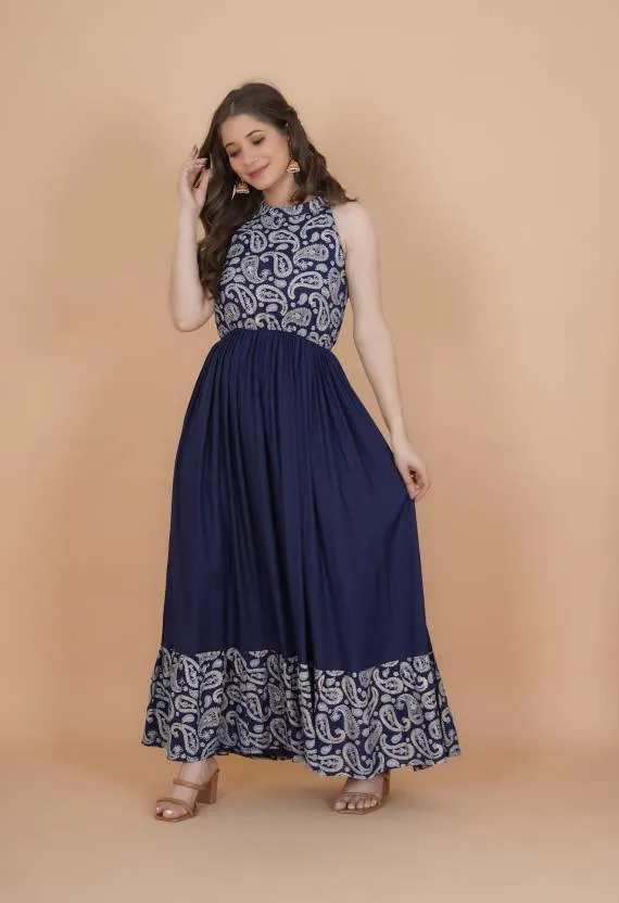 Elegant Blue Embellished Maxi Dress