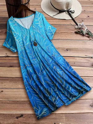 EMERY ROSE Summer Women's Plant Printed V-Neck Short Sleeve Casual T-Shirt Dress
