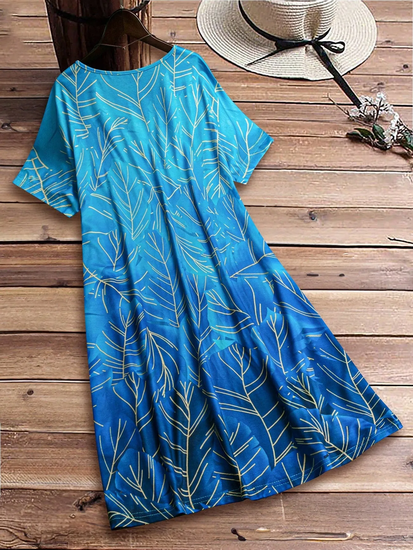EMERY ROSE Summer Women's Plant Printed V-Neck Short Sleeve Casual T-Shirt Dress