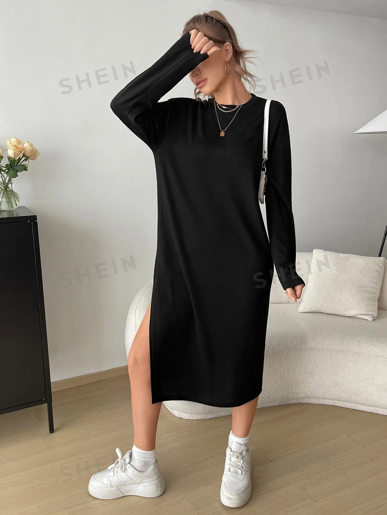 Essnce Solid Drop Shoulder Split Thigh Dress