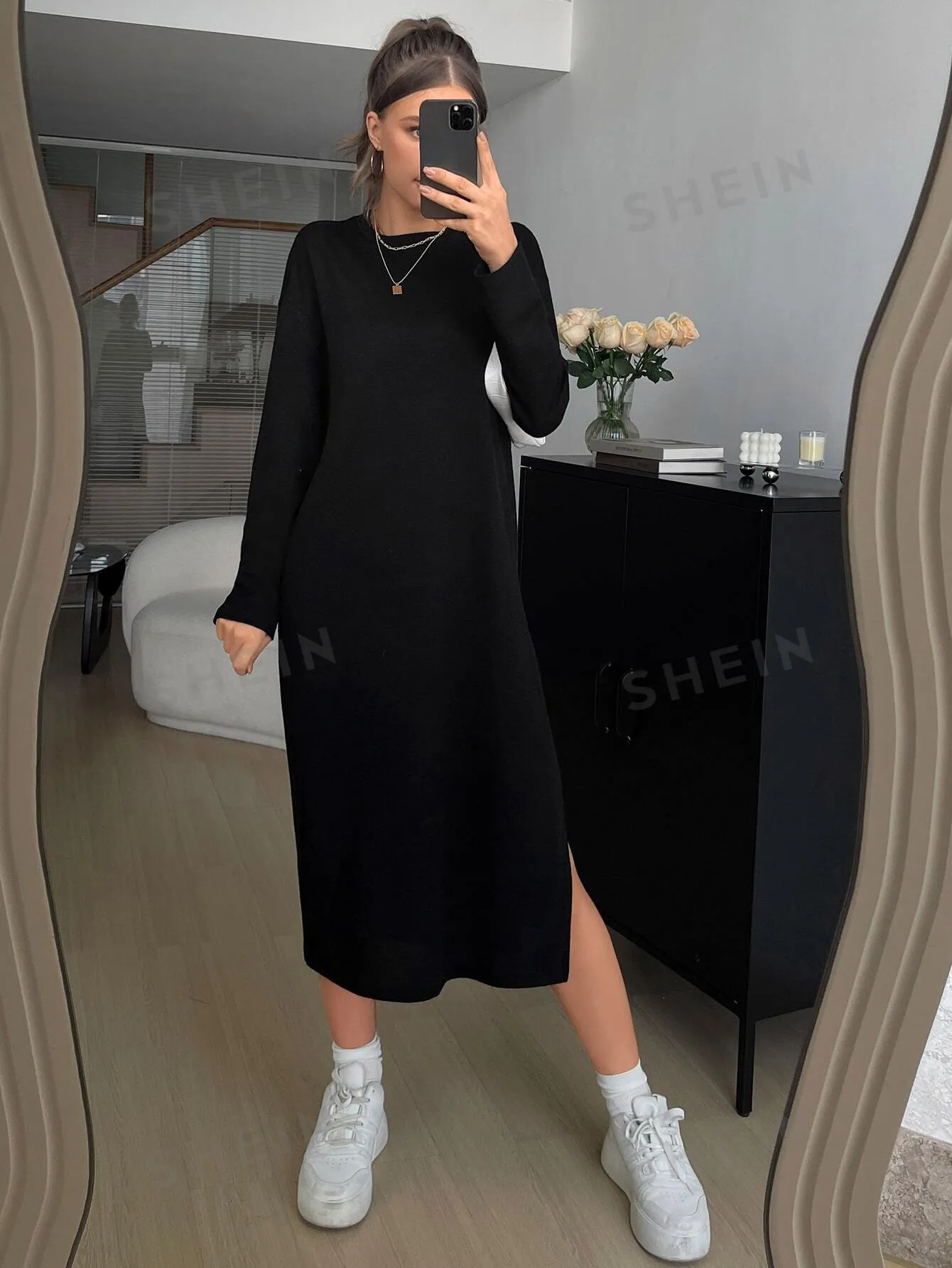 Essnce Solid Drop Shoulder Split Thigh Dress