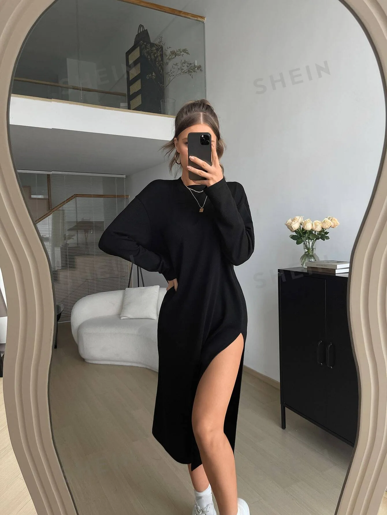 Essnce Solid Drop Shoulder Split Thigh Dress
