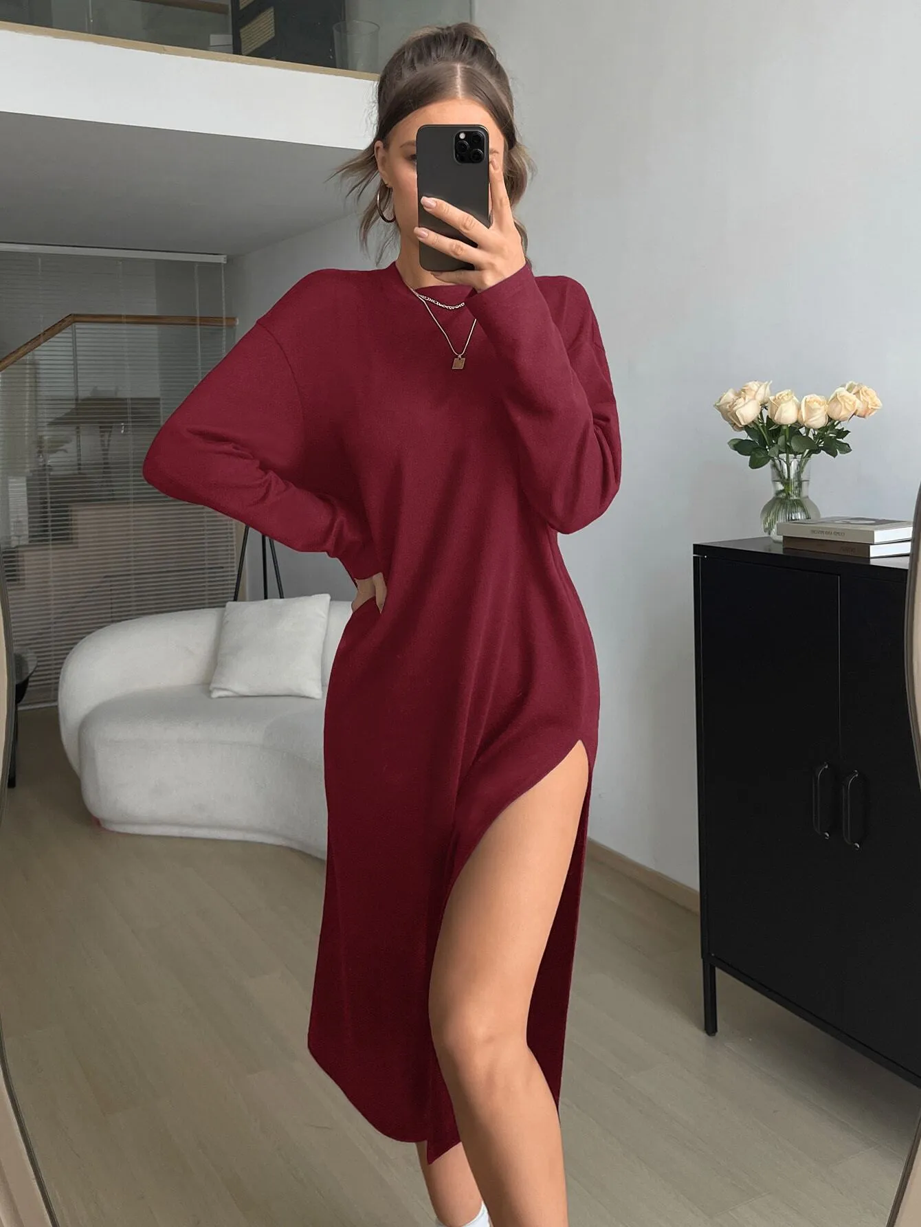 Essnce Solid Drop Shoulder Split Thigh Dress