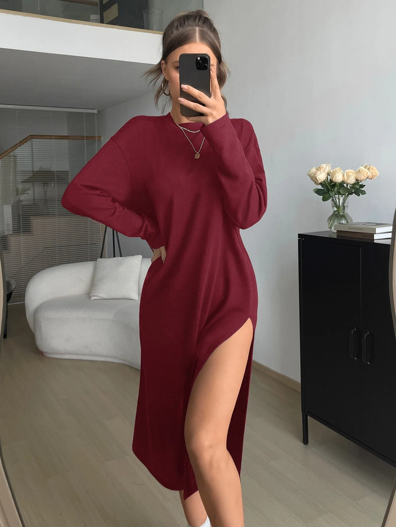 Essnce Solid Drop Shoulder Split Thigh Dress