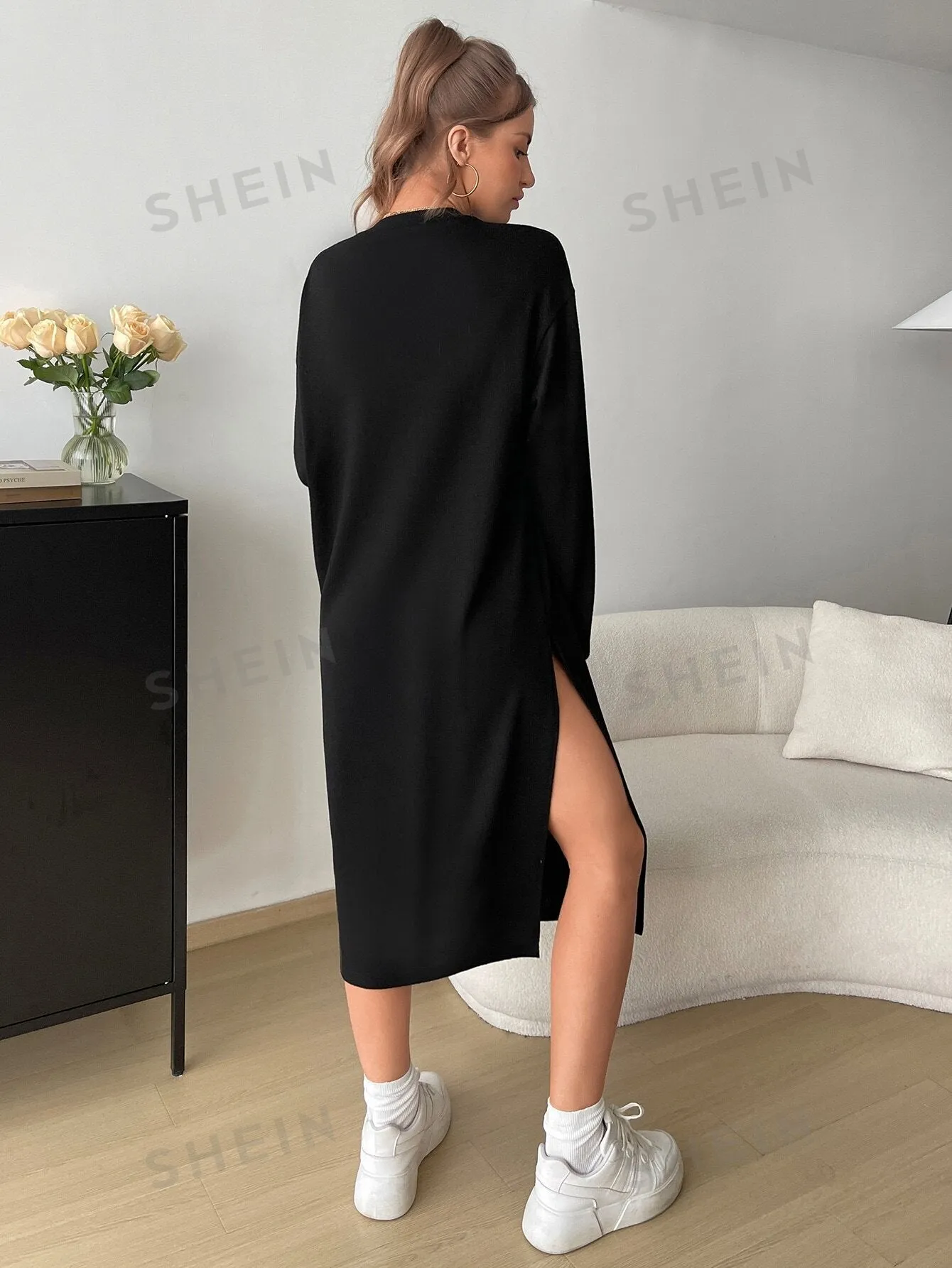 Essnce Solid Drop Shoulder Split Thigh Dress