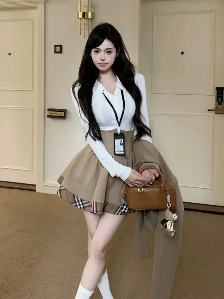 Girlary Winter Japanese Sweet New 3 Piece Sets Women Plaid Blazer Coat   Solid Blouse   Retro Skirt Set Korean Fashion Skirt Suit 2024