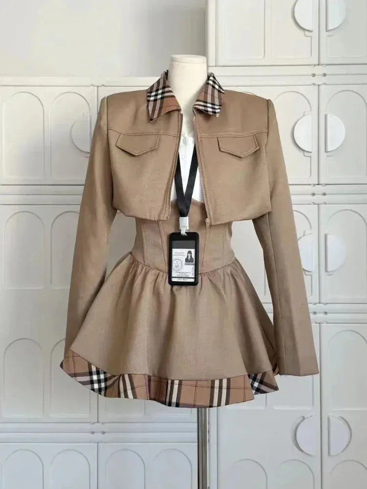 Girlary Winter Japanese Sweet New 3 Piece Sets Women Plaid Blazer Coat   Solid Blouse   Retro Skirt Set Korean Fashion Skirt Suit 2024