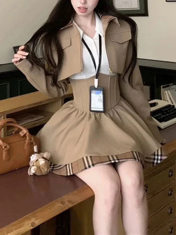 Girlary Winter Japanese Sweet New 3 Piece Sets Women Plaid Blazer Coat   Solid Blouse   Retro Skirt Set Korean Fashion Skirt Suit 2024