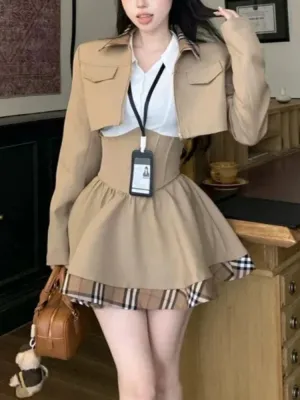 Girlary Winter Japanese Sweet New 3 Piece Sets Women Plaid Blazer Coat   Solid Blouse   Retro Skirt Set Korean Fashion Skirt Suit 2024