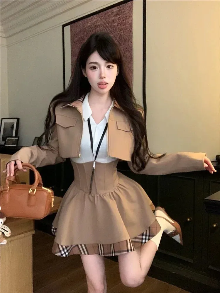 Girlary Winter Japanese Sweet New 3 Piece Sets Women Plaid Blazer Coat   Solid Blouse   Retro Skirt Set Korean Fashion Skirt Suit 2024