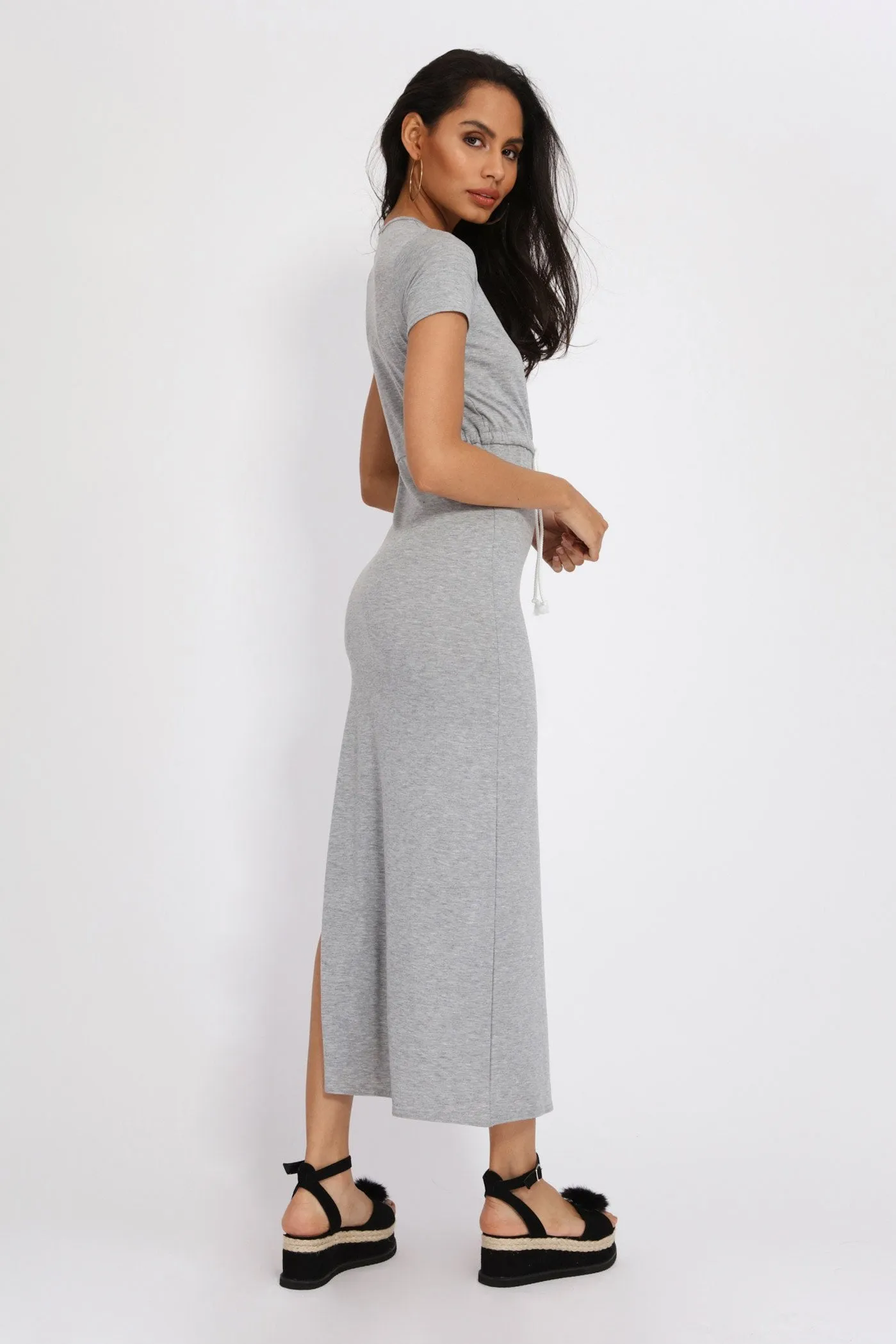 Grey Marl Drawstring Split Maxi Dress