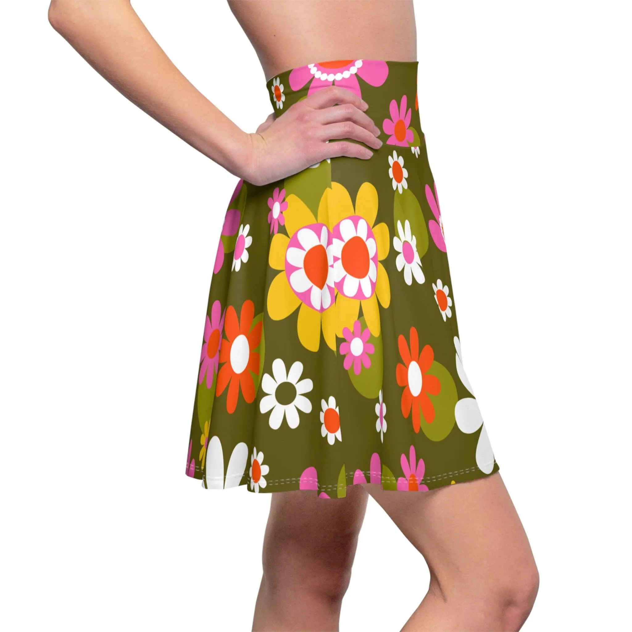 Groovy Flower Power Hippie Daisies 70s Disco Party Skirt, Retro Pink, Green Mid Century Modern Skater Skirt - 129882223
