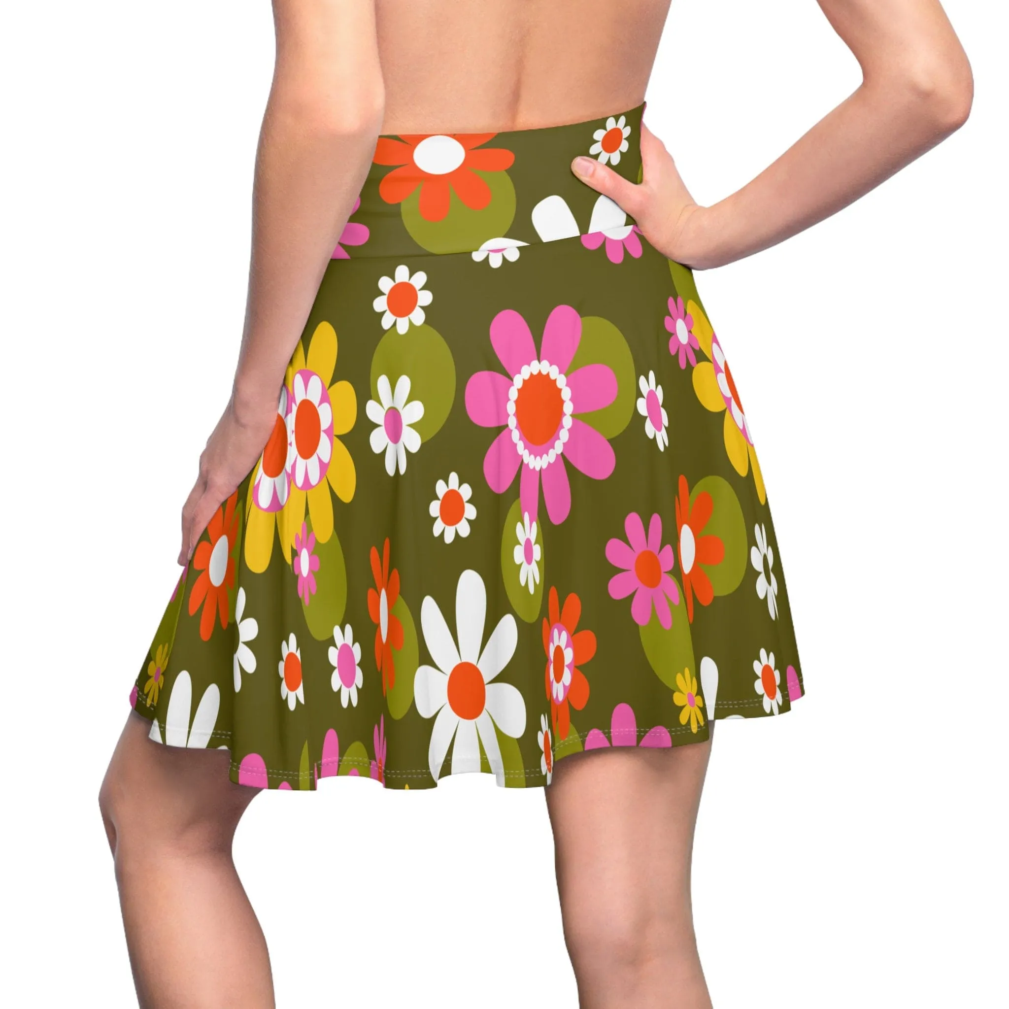Groovy Flower Power Hippie Daisies 70s Disco Party Skirt, Retro Pink, Green Mid Century Modern Skater Skirt - 129882223