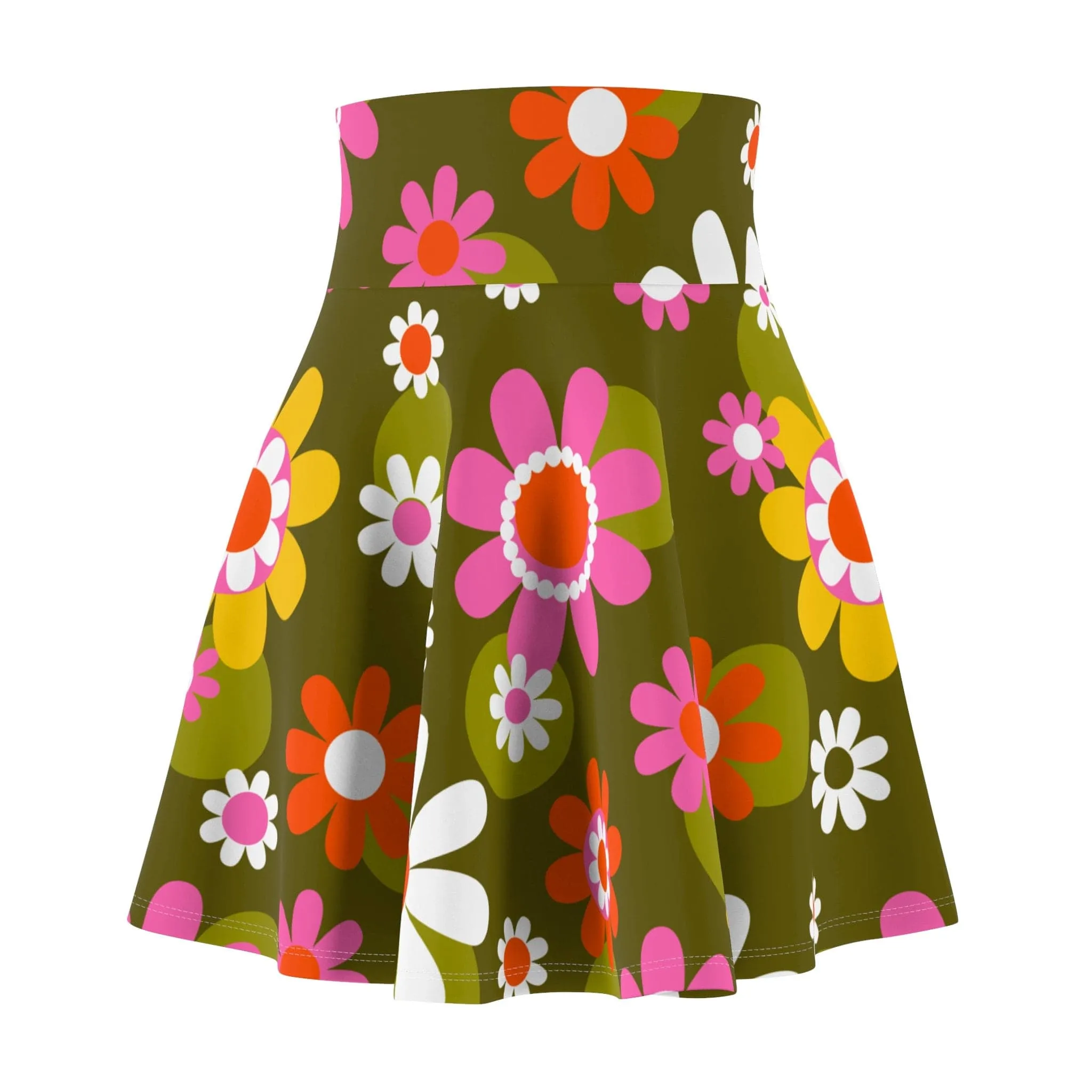 Groovy Flower Power Hippie Daisies 70s Disco Party Skirt, Retro Pink, Green Mid Century Modern Skater Skirt - 129882223