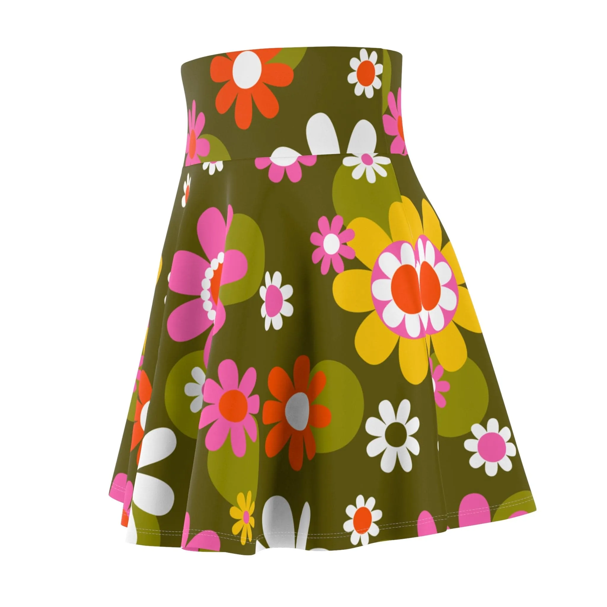 Groovy Flower Power Hippie Daisies 70s Disco Party Skirt, Retro Pink, Green Mid Century Modern Skater Skirt - 129882223