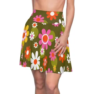 Groovy Flower Power Hippie Daisies 70s Disco Party Skirt, Retro Pink, Green Mid Century Modern Skater Skirt - 129882223