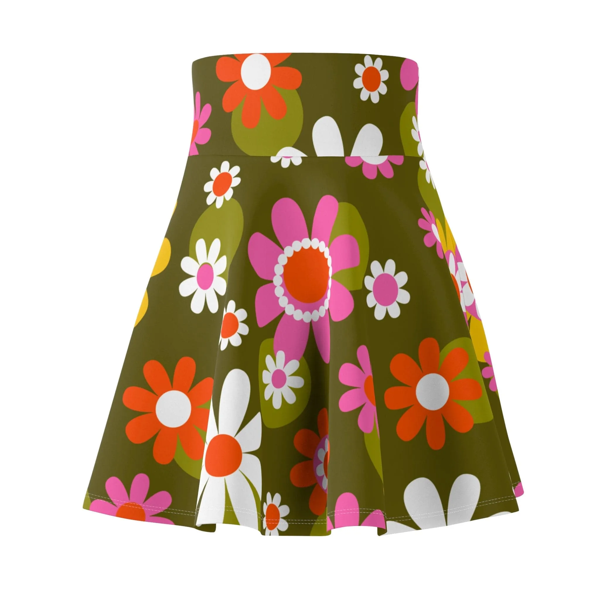 Groovy Flower Power Hippie Daisies 70s Disco Party Skirt, Retro Pink, Green Mid Century Modern Skater Skirt - 129882223