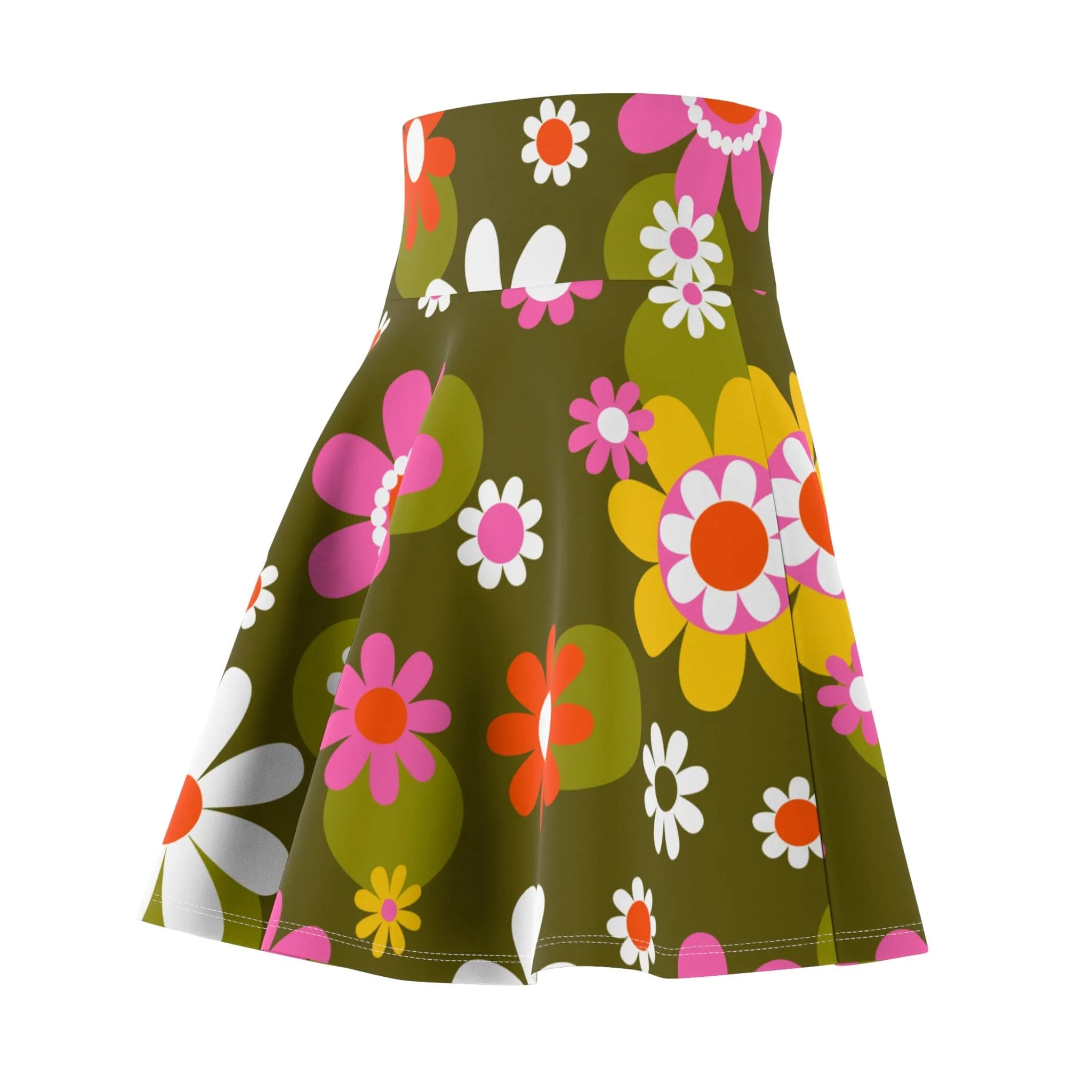 Groovy Flower Power Hippie Daisies 70s Disco Party Skirt, Retro Pink, Green Mid Century Modern Skater Skirt - 129882223