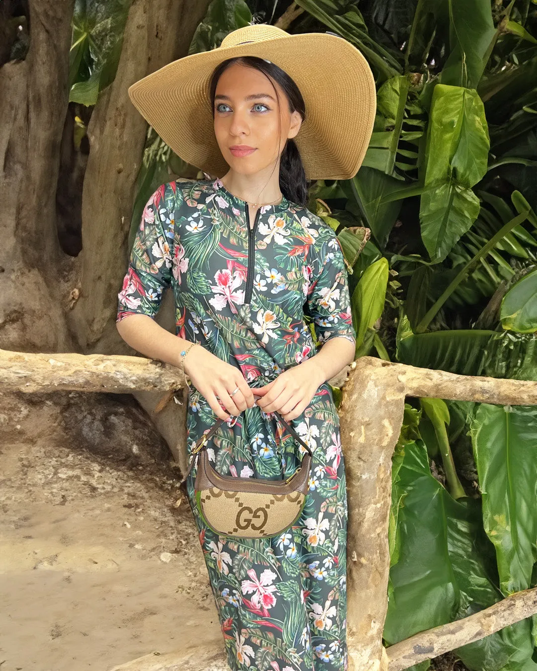 Hawaiian Half Zip Maxi Drawstring Swim Dress