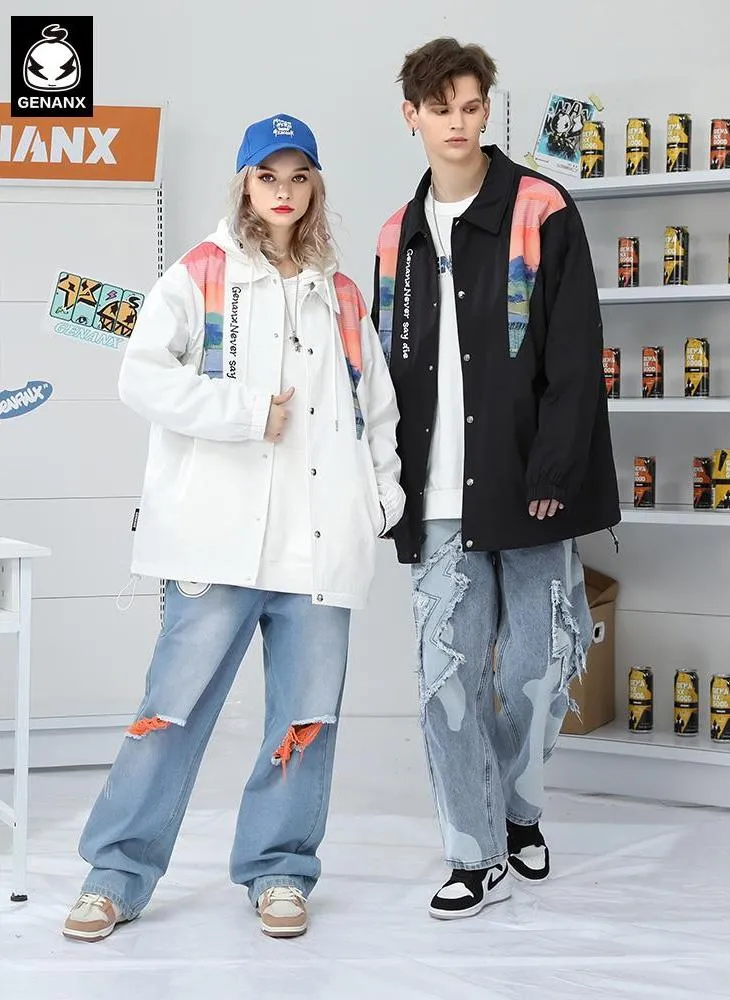 Illustration Print Patchwork Padded Coat