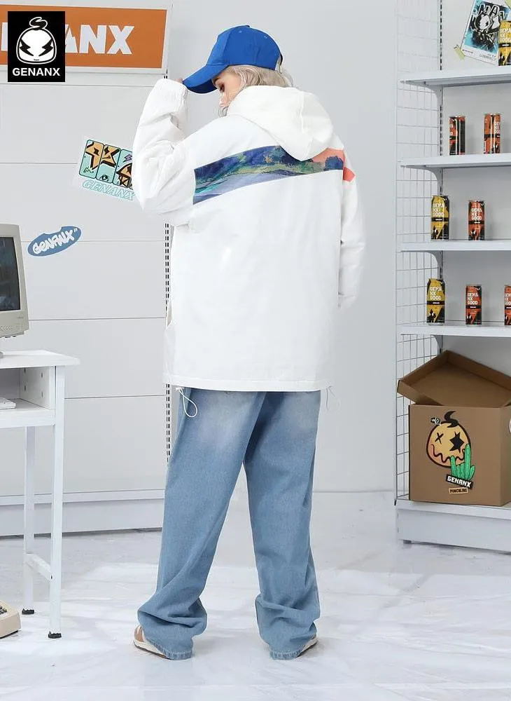 Illustration Print Patchwork Padded Coat