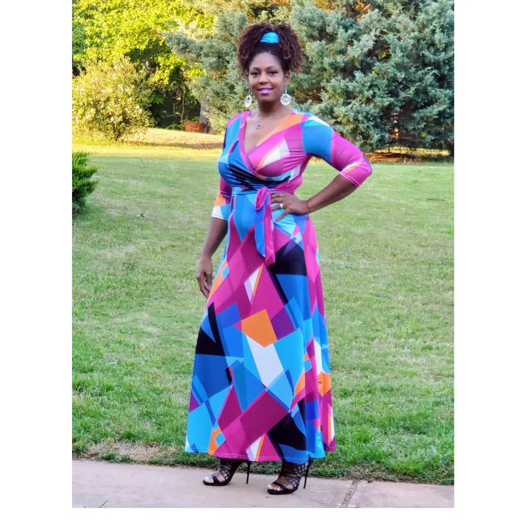 Kenzie 3/4 Sleeve V-Neck Maxi Dress L-2XL