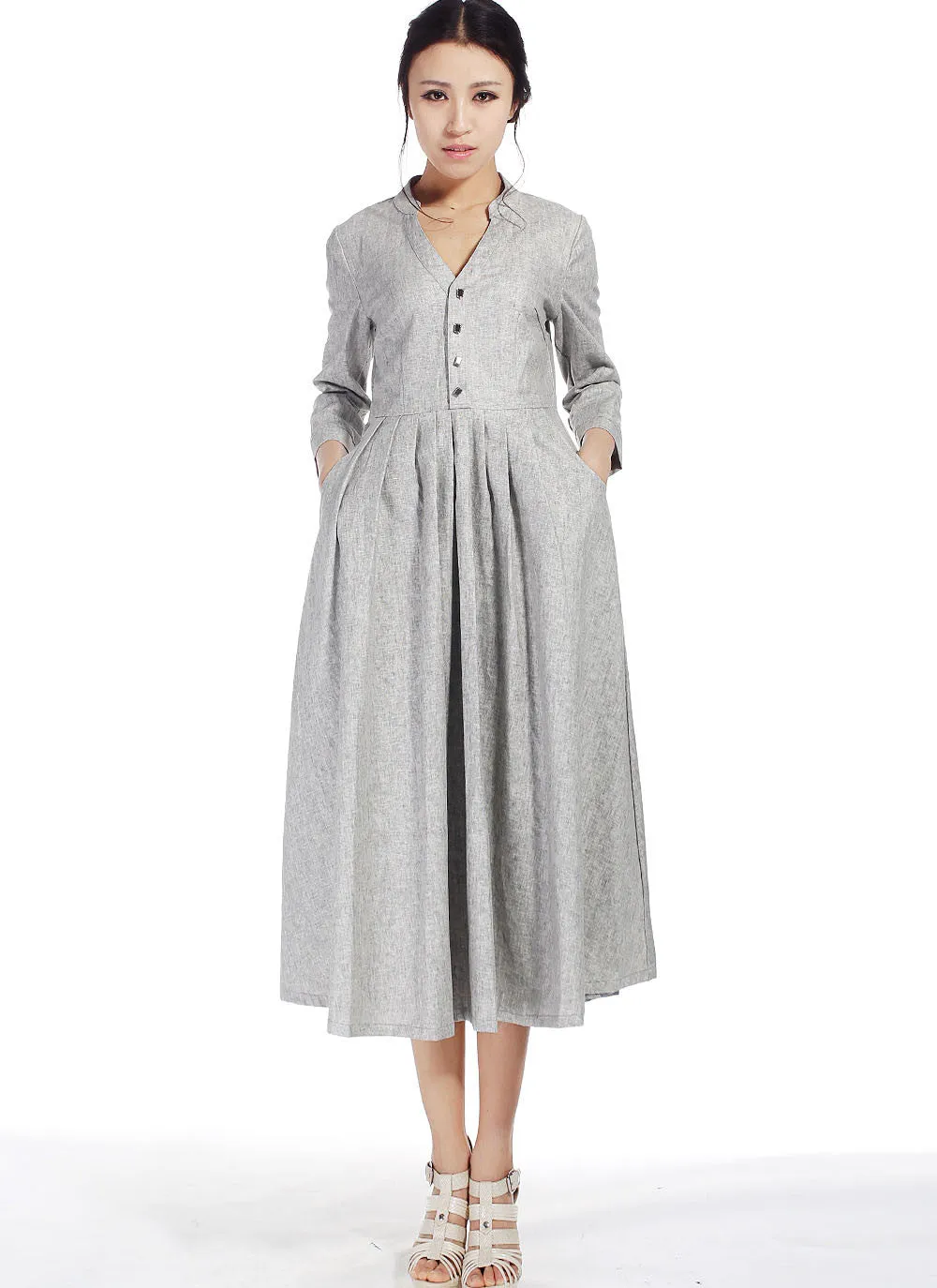 Linen maxi shirt dress 0518#