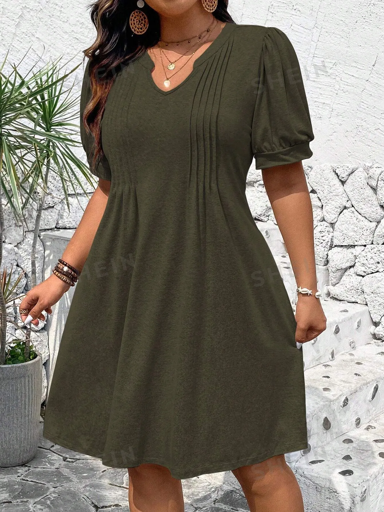 LUNE Plus Size Casual Solid Notch Neck Puff Sleeve Midi Dress