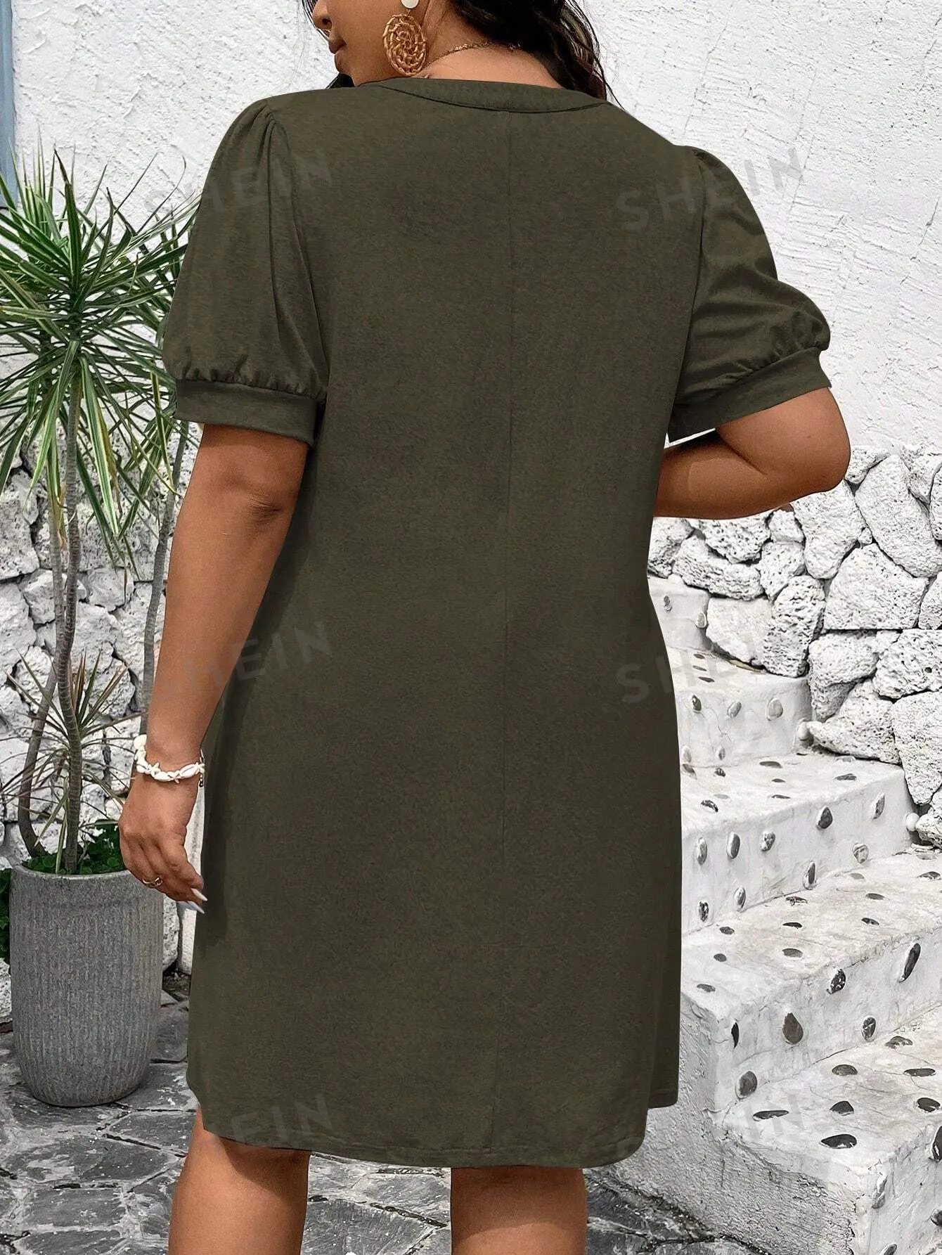 LUNE Plus Size Casual Solid Notch Neck Puff Sleeve Midi Dress