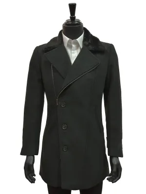 Men Blu Martini Black Faux Fur Collar Angular Zip Wool Blend Slim Fit Peacoat Jacket