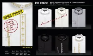 Mens Banded Collar Shirts with Cross Embroidery