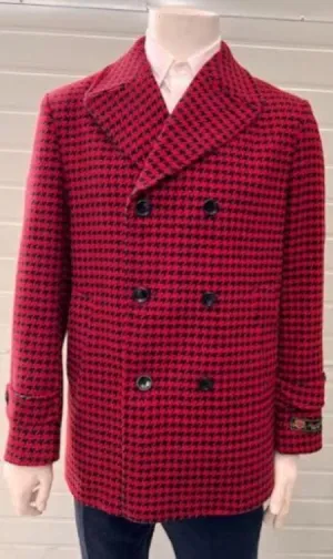 Mens Red Peacoat - Houndstooth Red And Black Pattern Car Coat