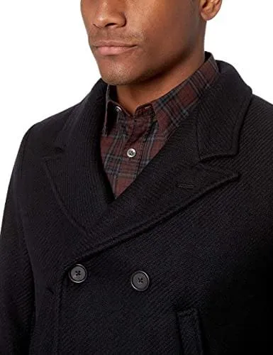 Men's Wool Double Breasted Bond Peacoat with Leather Details - Black Cashmere With Fur Collar
