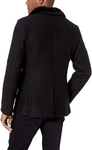 Men's Wool Double Breasted Bond Peacoat with Leather Details - Black Cashmere With Fur Collar