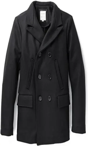 Men's Wool Double Breasted Bond Peacoat with Leather Details - Black